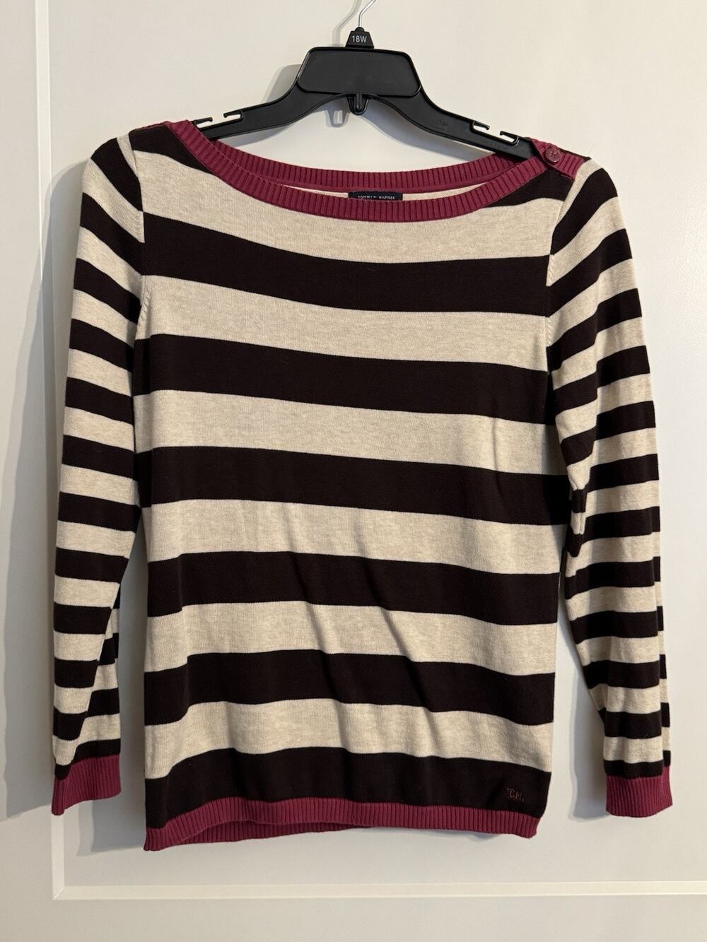 Tommy Hilfiger Women's Tan & Fuschia Striped Sweater Lightweight Knit Sz Large
